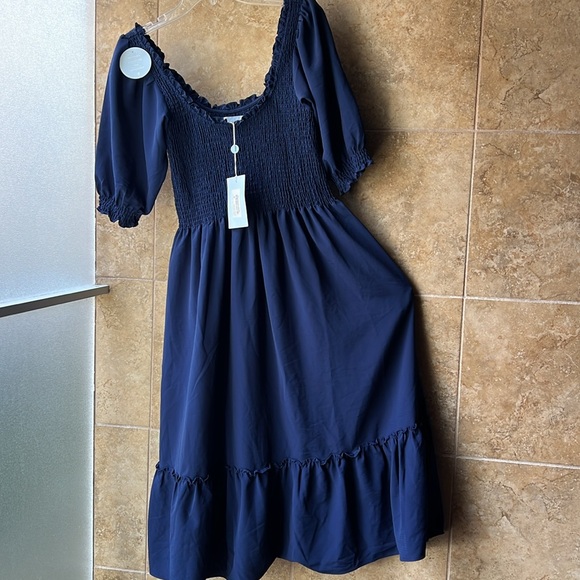 Hill House The Louisa Nap Dress Navy Crepe Blue Smocked Midi Dress NWT Pockets - Picture 3 of 16